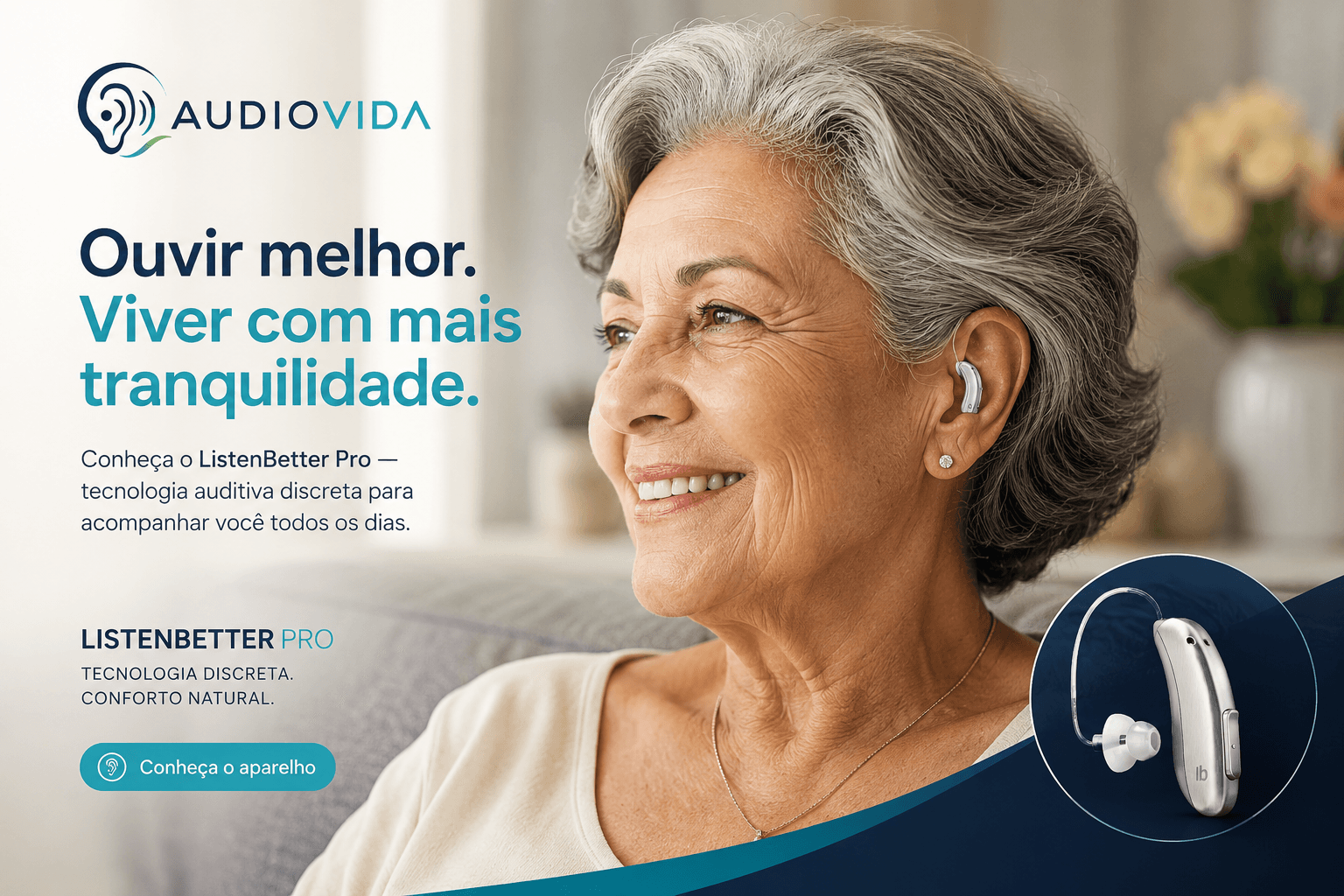 Peça publicitária da AudioVida: pessoa sorrindo ao ar livre usando o aparelho auditivo intra-auricular, com destaque do produto e chamada para conhecer o aparelho